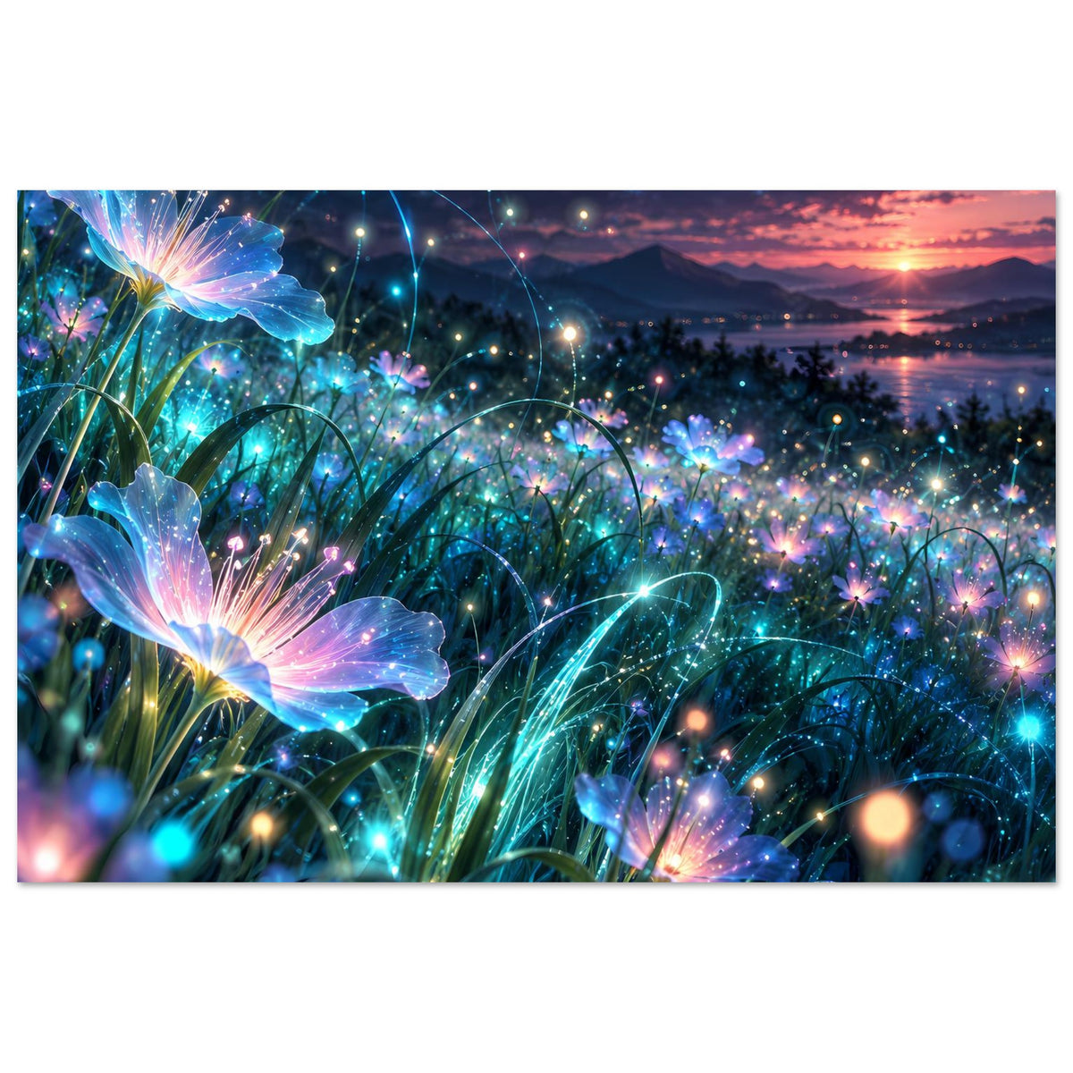 Blumenposter mit schwebenden Lichtern, leuchtenden blauen Blüten und violetten Akzenten im Vordergrund