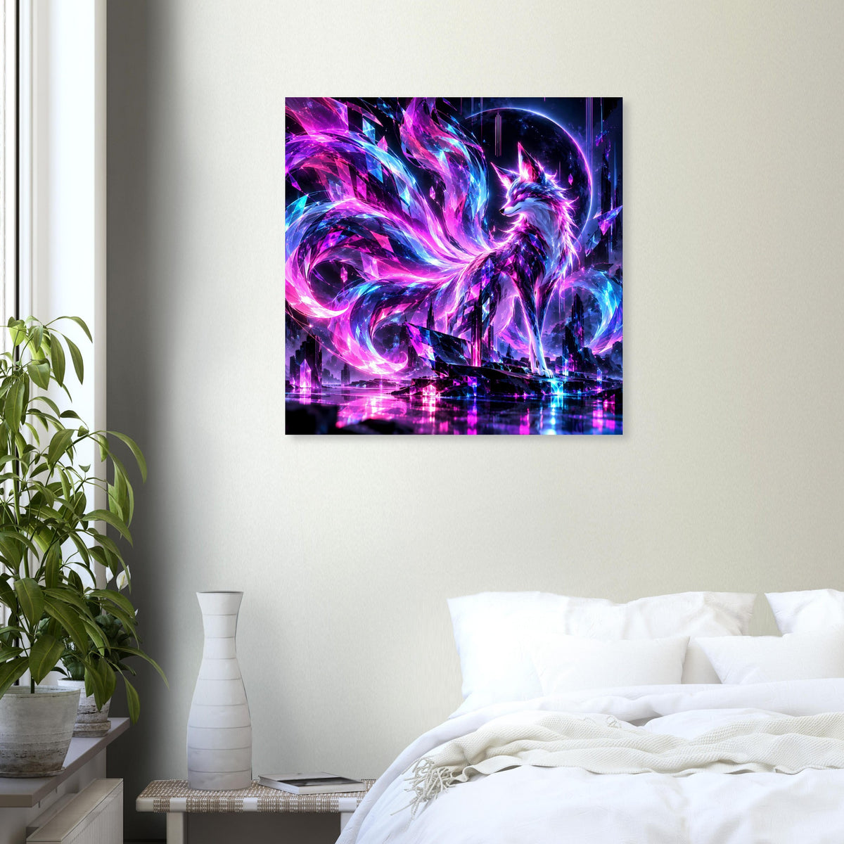 Quadratisches Fantasy-Poster mit leuchtendem Neon-Fuchs, violetten und blauen Lichtexplosionen