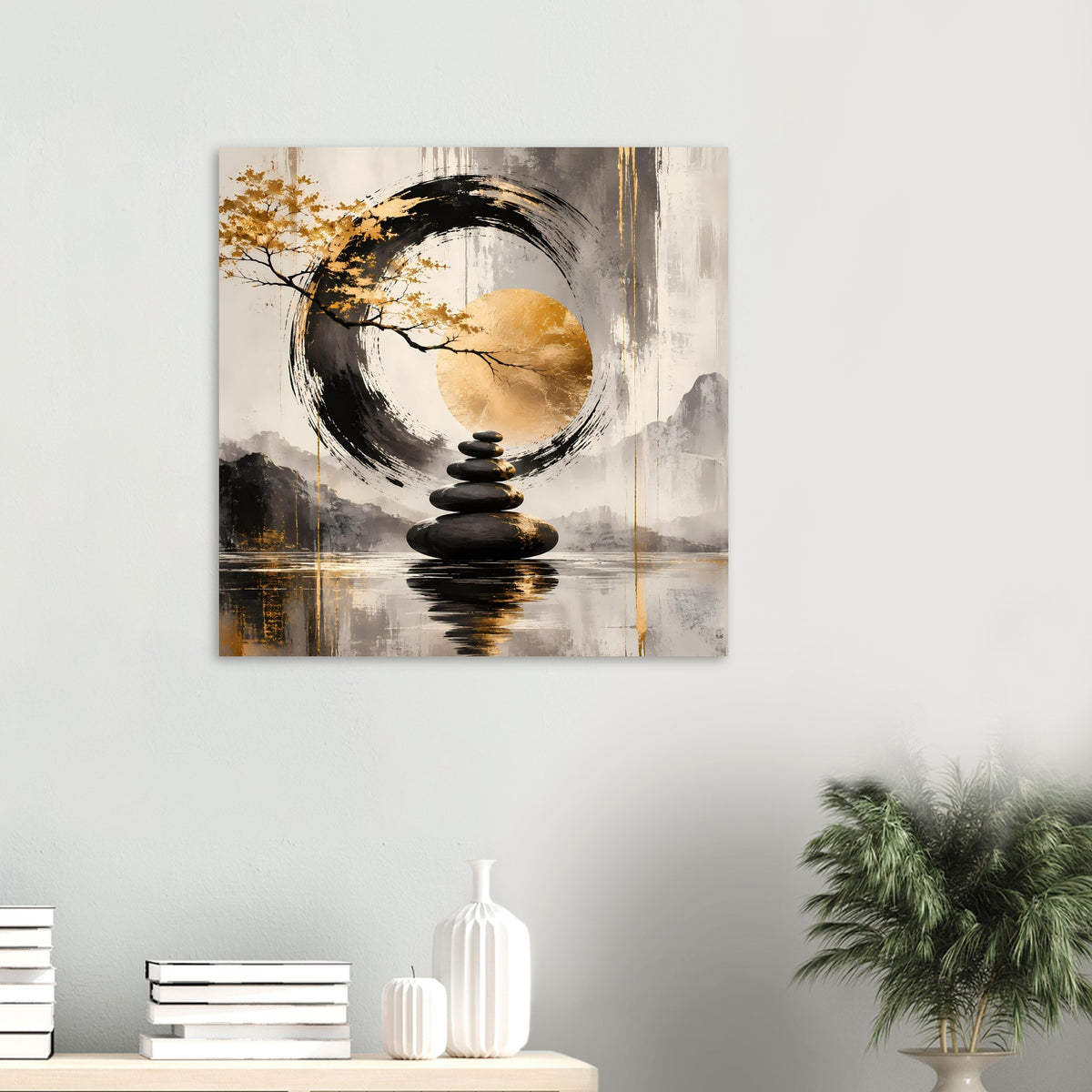 Kleines Kunstposter im Querformat: goldener Kreis, schwarzer Pinselring und Steinsäule
