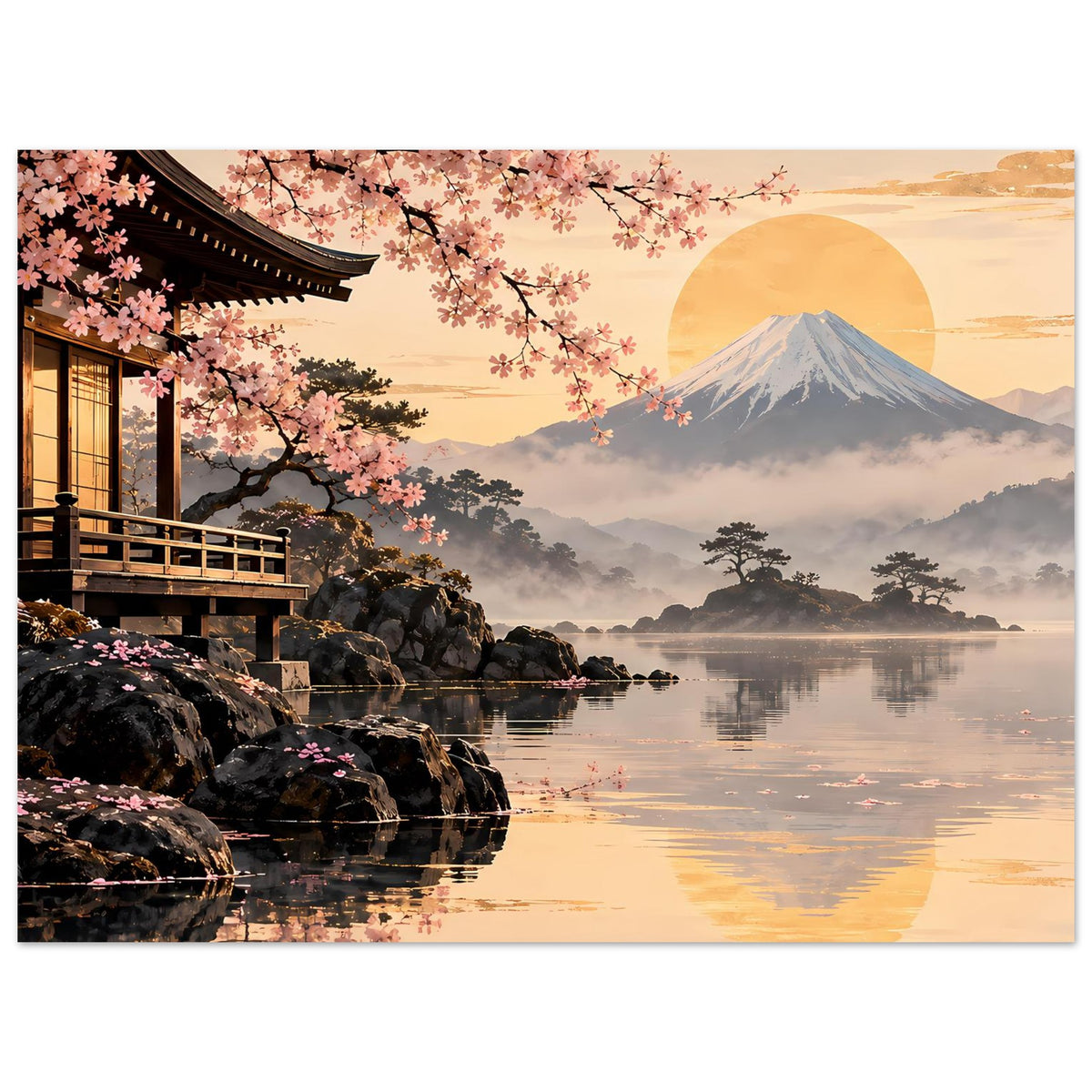 Sakura-Poster im Querformat: Pagode, Felsen am Wasser, Kirschblüten und Fuji im Nebel.