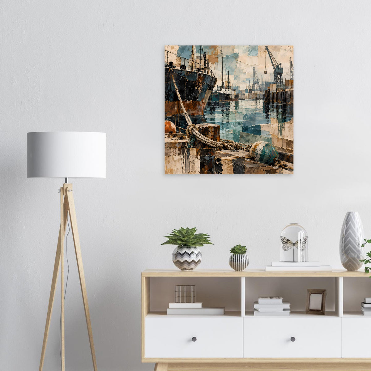 Poster im Rahmen mit Hafenansicht: Schiff und Kränen, türkisblaues Wasser, dunkle Rumpfdetails