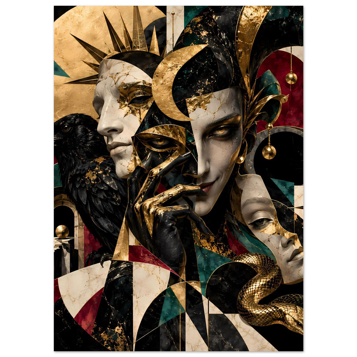 Kunstposter mit Maskenporträts, schwarzer Krähe, goldenen Akzenten und Schlangenkörper