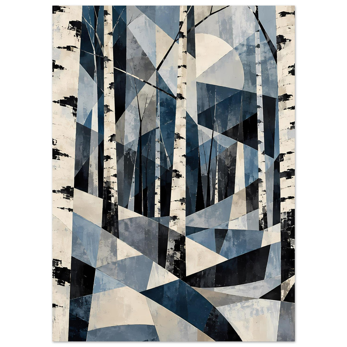 Naturposter mit geometrischen Birken: Blau- und Weißtöne, schwarze Kontraste
