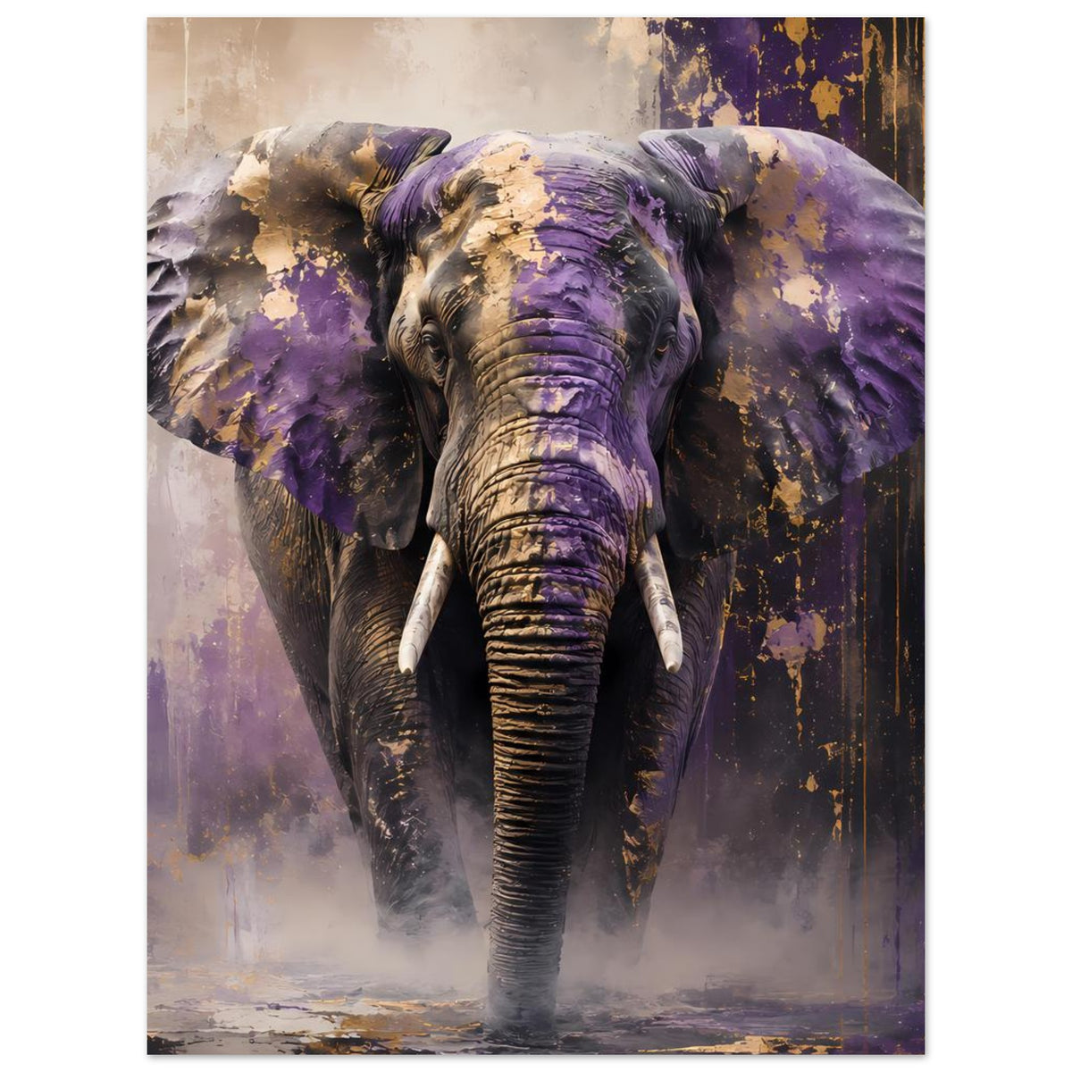 Abstraktes Tierposter: majestätischer Elefant in Lila mit goldenen Spritzakzenten
