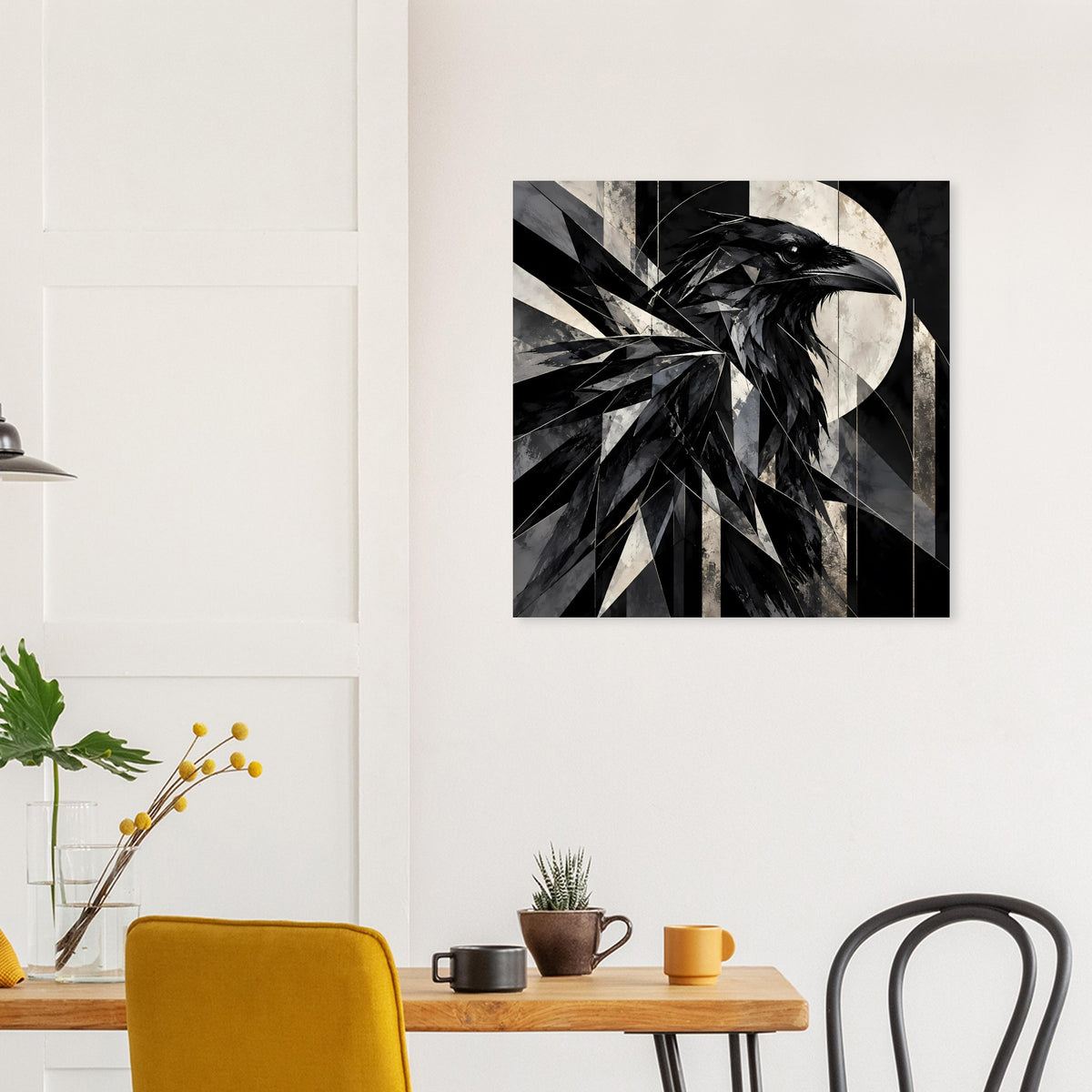 Rechteckiges Kunstposter mit geometrischem Rabenmotiv in Schwarz und Weiß