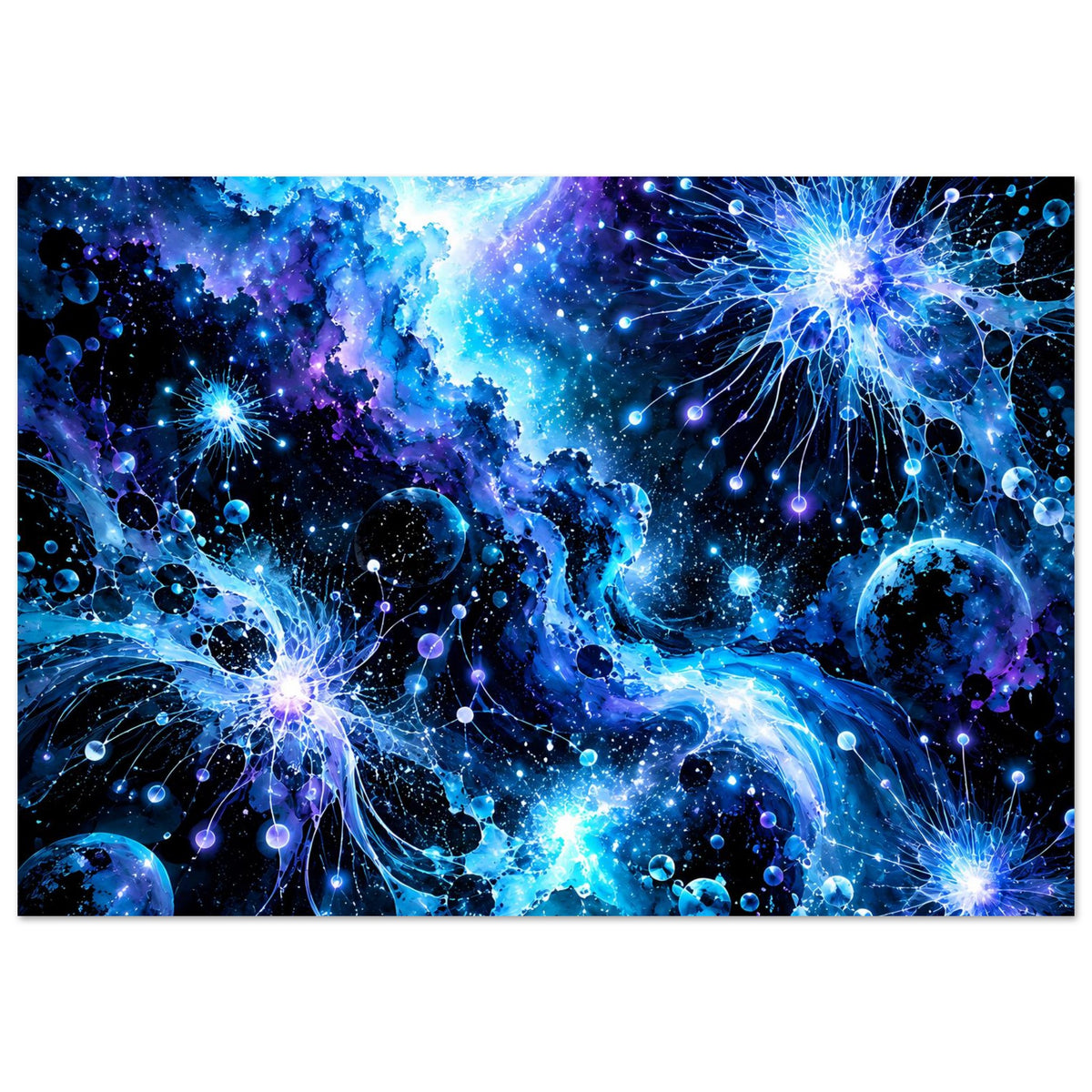 Leuchtendes galaktisches Poster mit violett-blauen Nebeln, Planeten und Lichtfäden