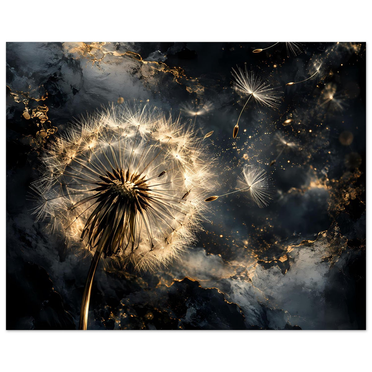 Mattes Poster mit goldener Pusteblume und leuchtenden Sternfunken, Querformat