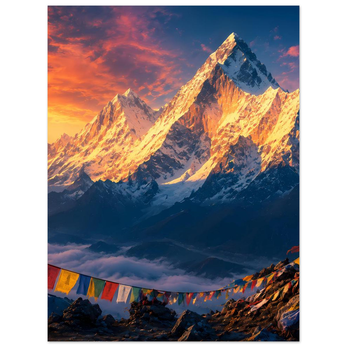 Poster mit Berggipfeln im goldenen Sonnenaufgang und bunten Wimpeln am Hang