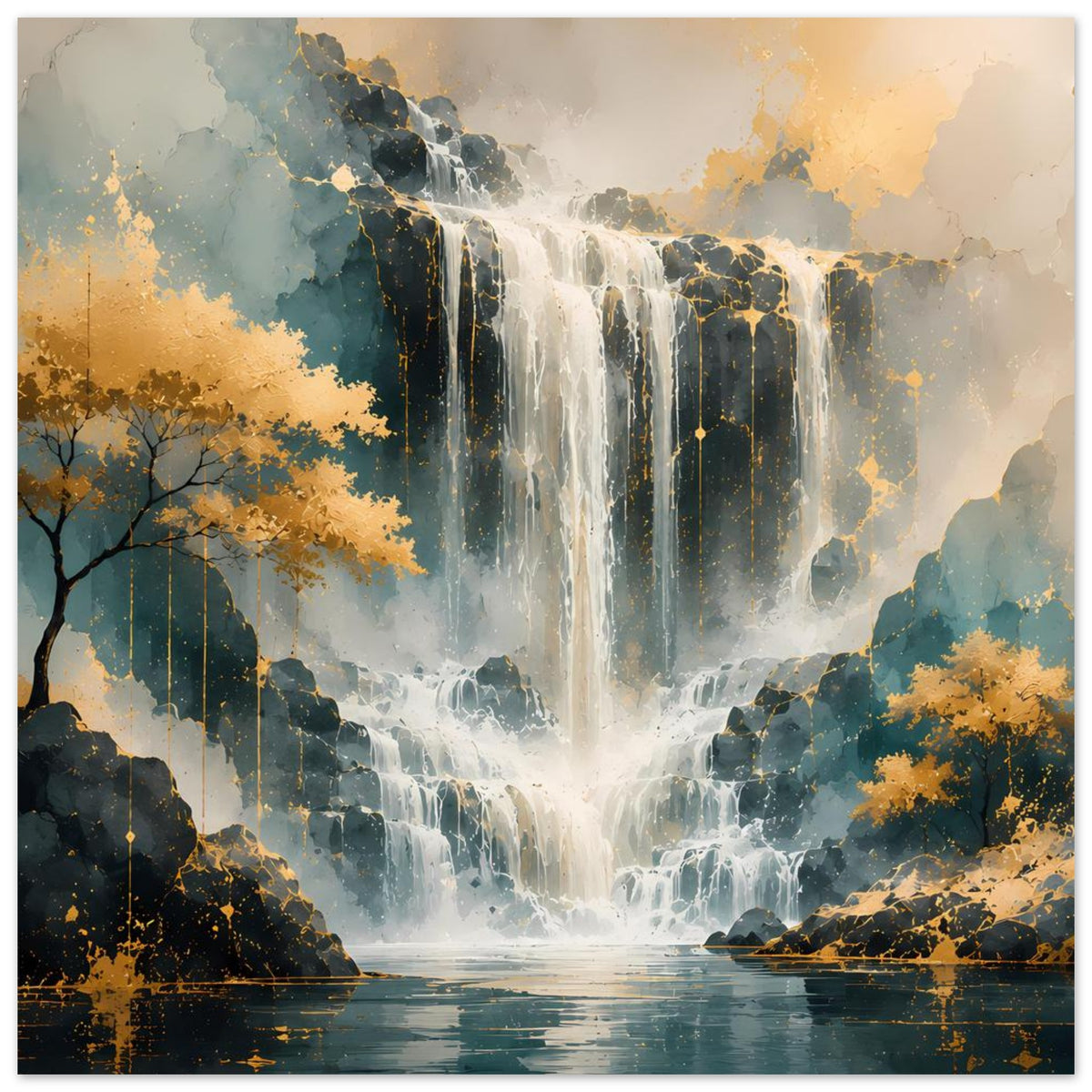 Poster mit Wasserfall in Blau und Gold, groß im Hochformat