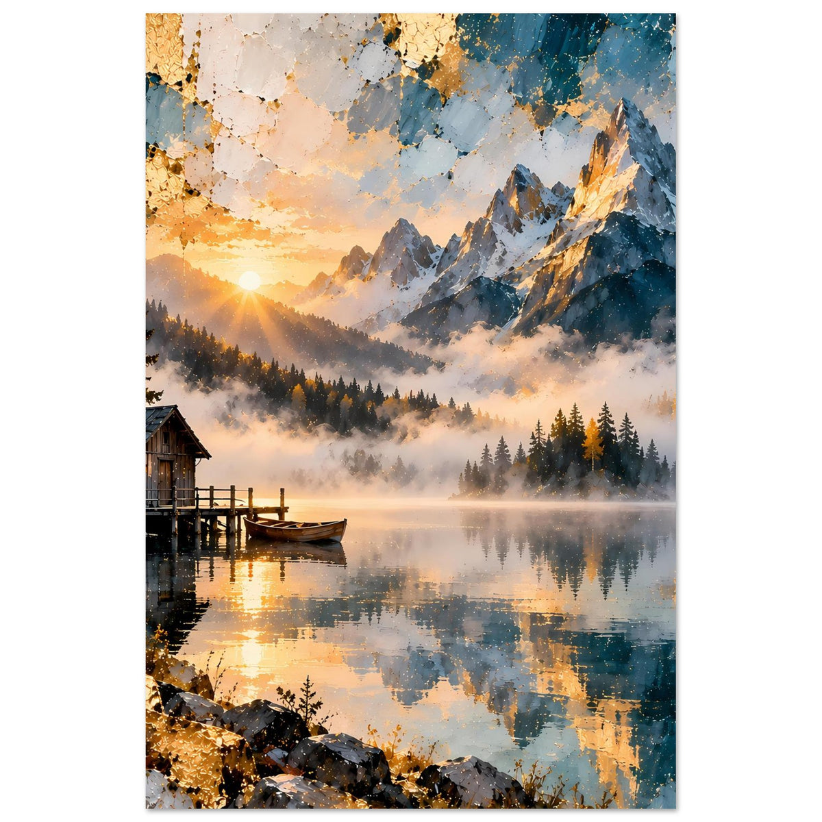 Hochformatiges Poster mit Bergsee, Berggipfeln, Steg und Hütte im Nebel