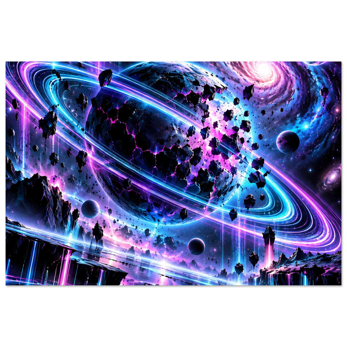 Querformat-Poster mit futuristischem Neon-Kosmos, Planeten und leuchtenden Ringen