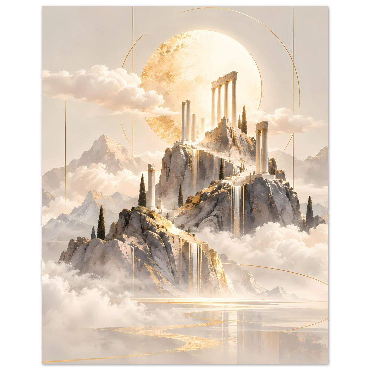 Hochformat-Poster mit goldener Tempelarchitektur, Felsen, Wolken und strahlendem Lichtschein