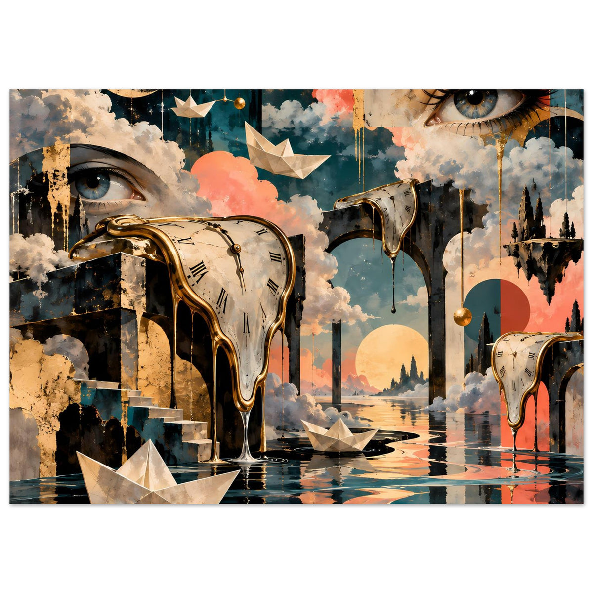 Surreales Kunstposter, horizontale Ansicht: schmelzende Uhr und Frauenaugen im Wolkenmotiv
