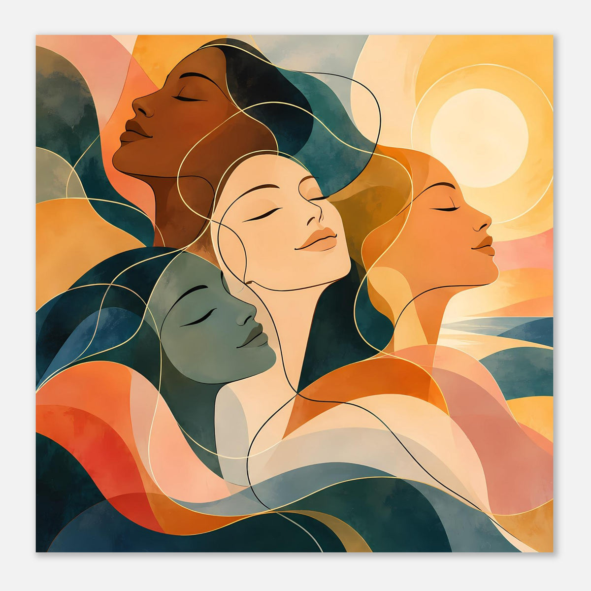 Kunstposter im Querformat mit vier Frauen, Verschmelzung von Gesichtern, Erdtöne und Blautöne