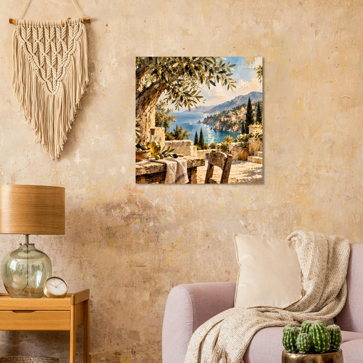 Quadratisches Poster auf mattem Papier: Mediterrane Aussicht, Blick aufs Wasser, Terrassenstühle