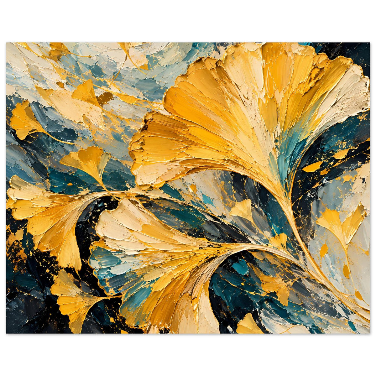 Breites Ginkgo-Blatt-Poster mit geschwungenem Stamm, gold-teal Pinseladern und schwarzen Spritzern