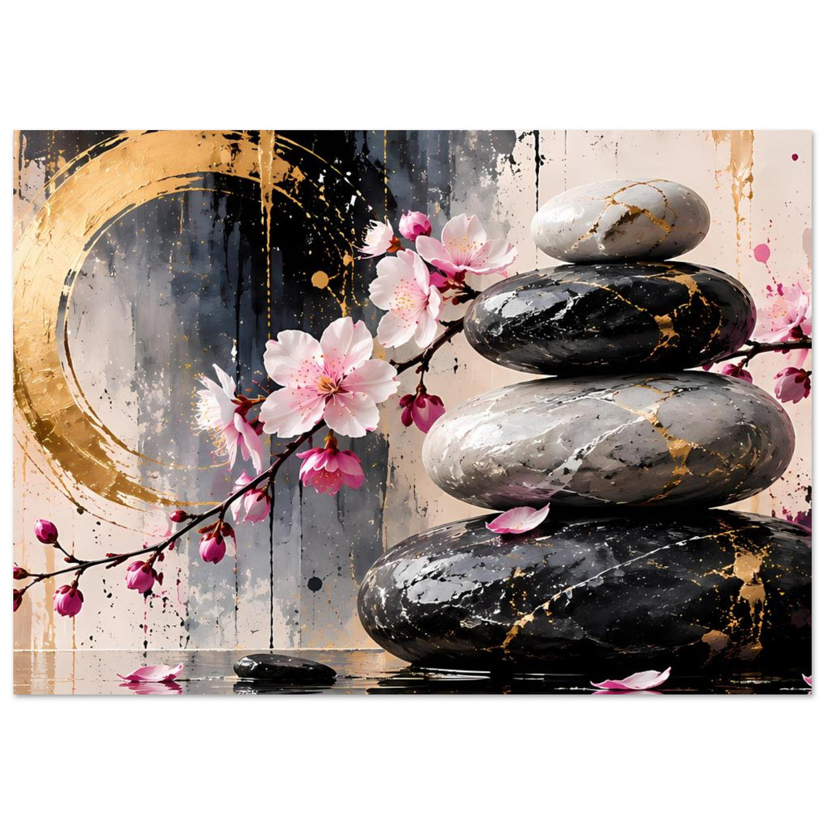 Zen-Poster mit Kirschblüten, schwarzem Wasser und Stein-Stapel mit goldfarbenen Akzenten