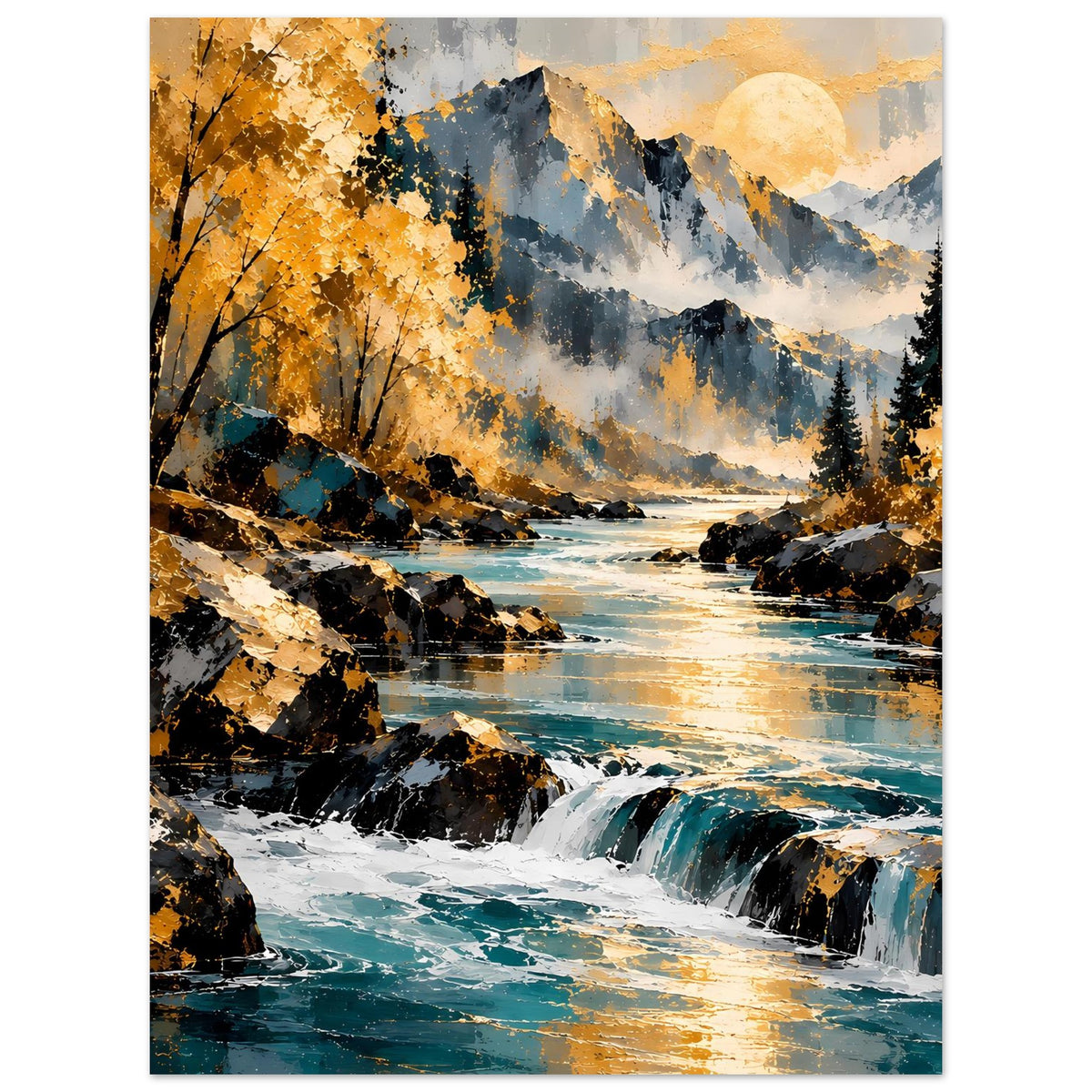 Herbstposter im Querformat: Fluss, Felsen und Wasserfall zwischen orange Laubbäumen