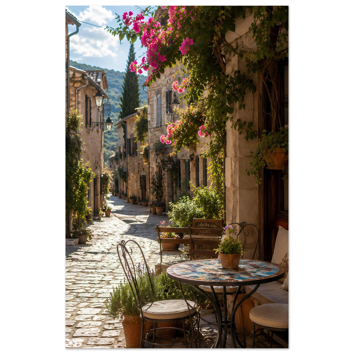Vertikales Poster einer sonnigen Altstadtgasse mit Straßencafé
