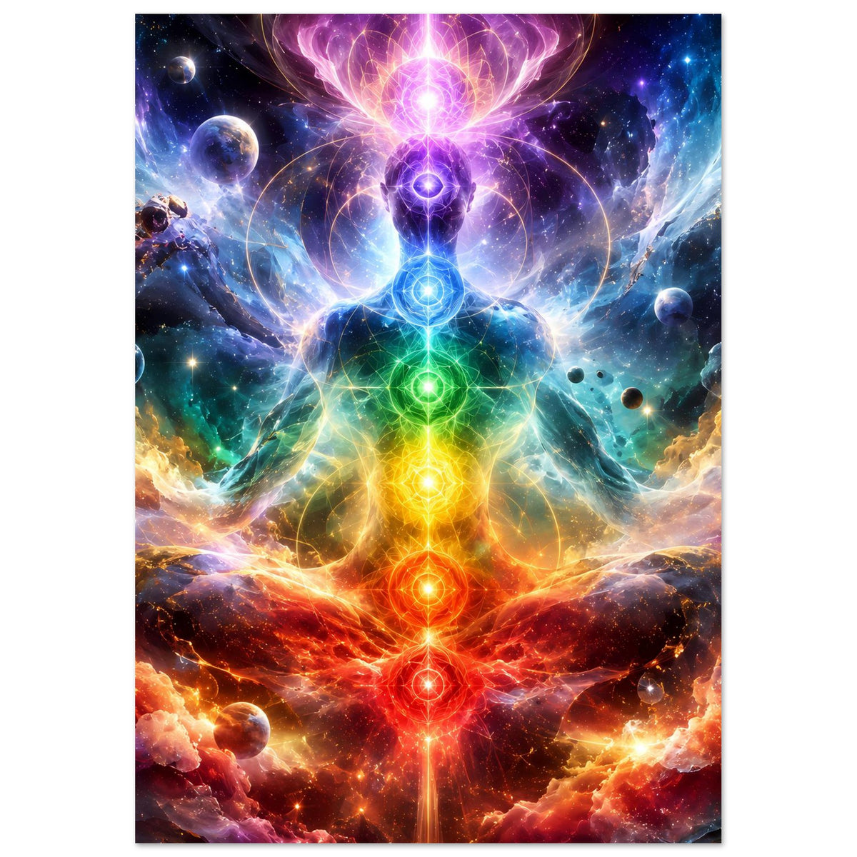 Meditationsposter mit zentralem Chakra-Kreis und mehrfarbigem Energiefluss, lila bis blau