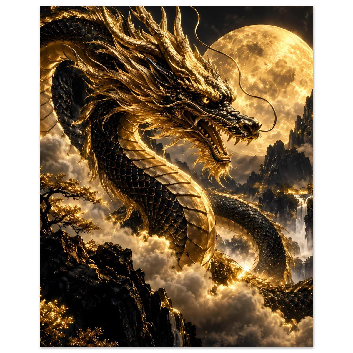 Vertikales Poster: goldener Drache mit erhobenem Kopf und großer Vollmondscheibe