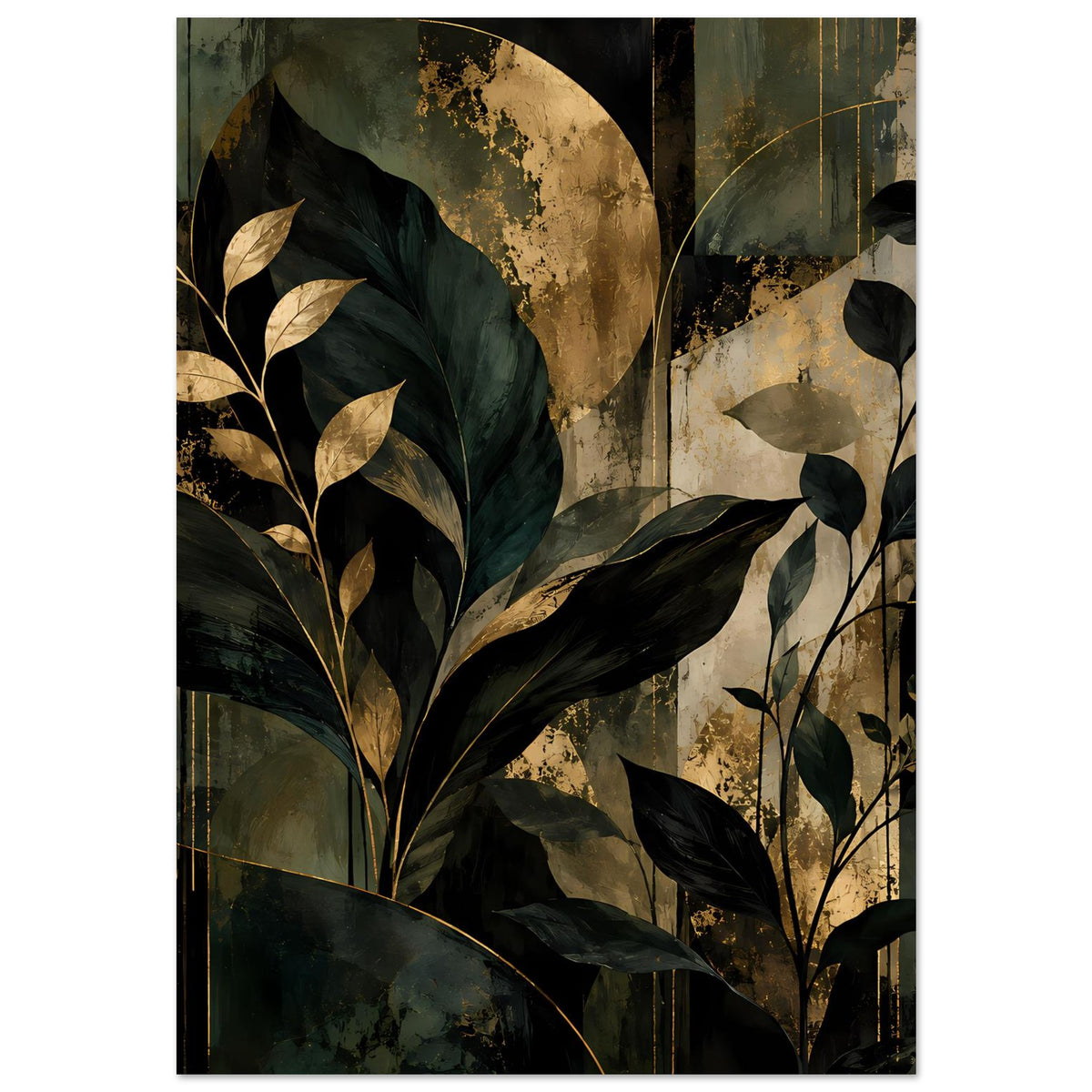Botanisches Kunstposter: große Blätter, dunkle Grüntöne und goldene Akzente, gerahmt.