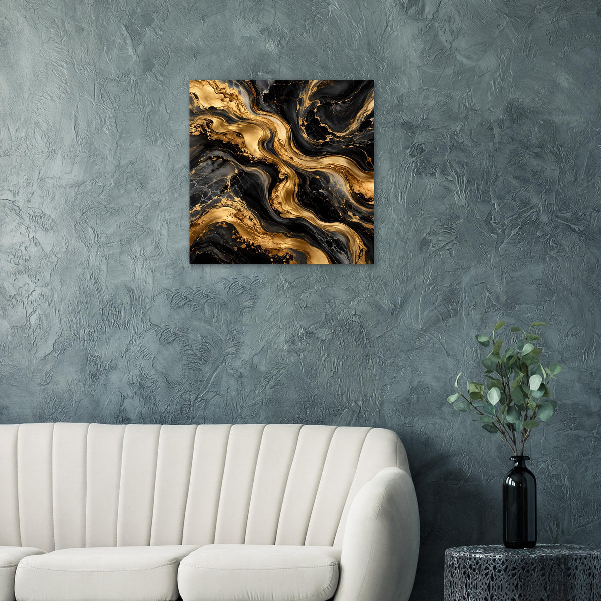 Quadratisches Poster mit abstraktem Goldmarmor auf Schwarz, goldene Adern
