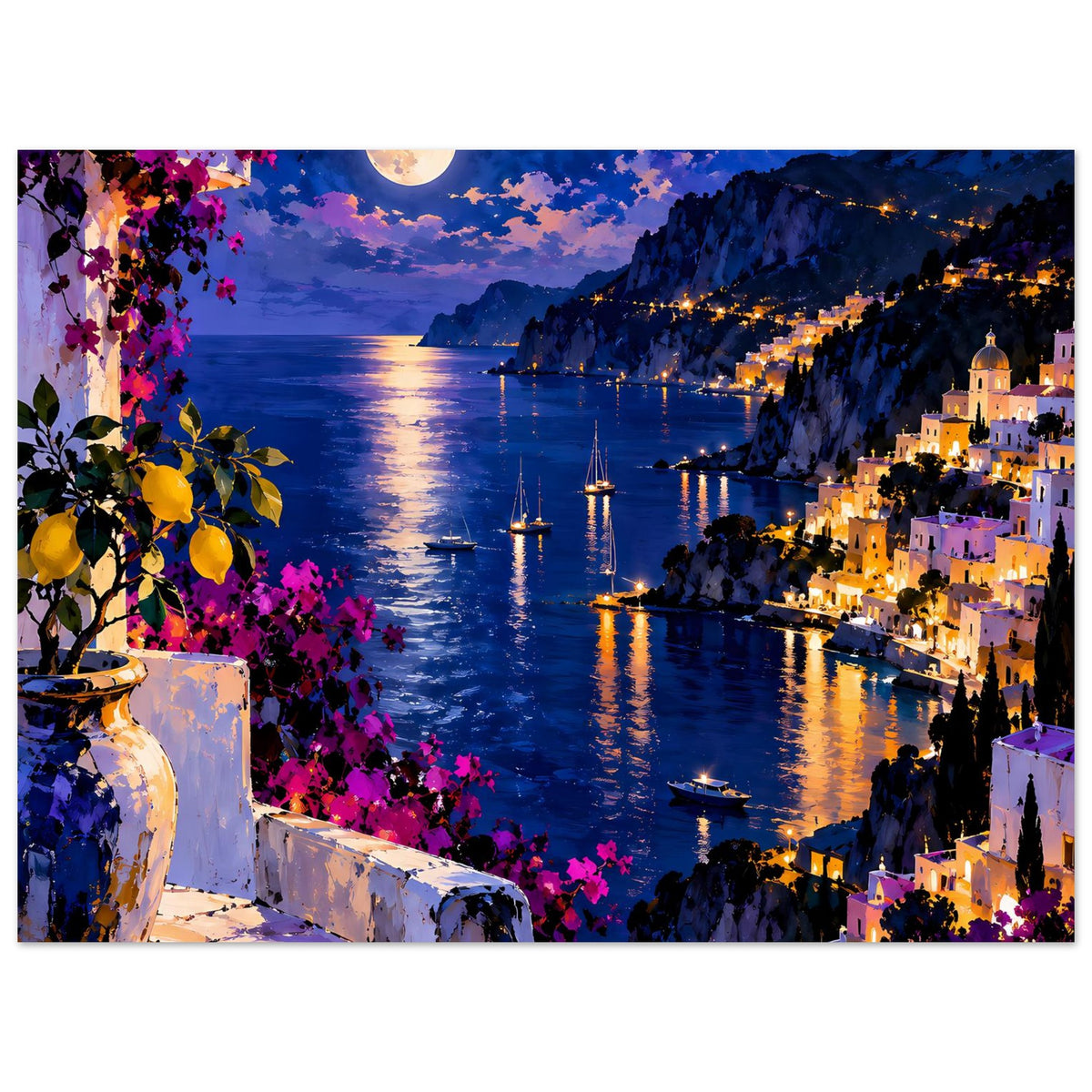 Beleuchtetes Küstendorf bei Nacht mit Bougainvillea-Blüten