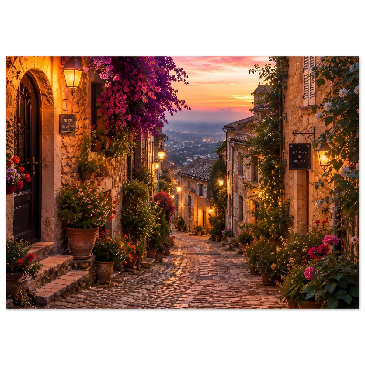 Poster romantische Gasse mit Blumenkästen, warmen Lichtern und Sonnenuntergang, querformat.