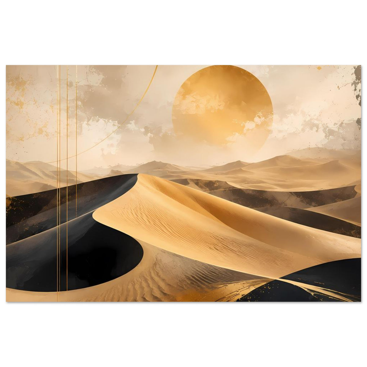 Wüstenposter querformat mit goldenen Dünen, schwarzem Sand und Sonnenscheibe
