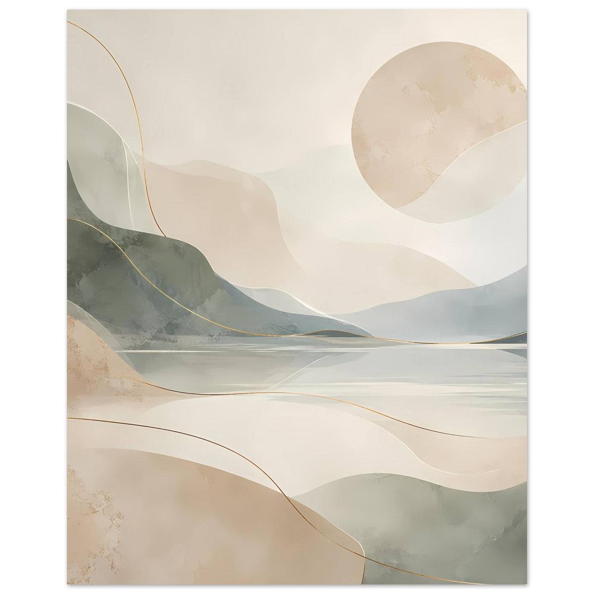 Poster mit abstrakter Berg- und Seenlandschaft, Beige, Salbeigrün und Goldlinien