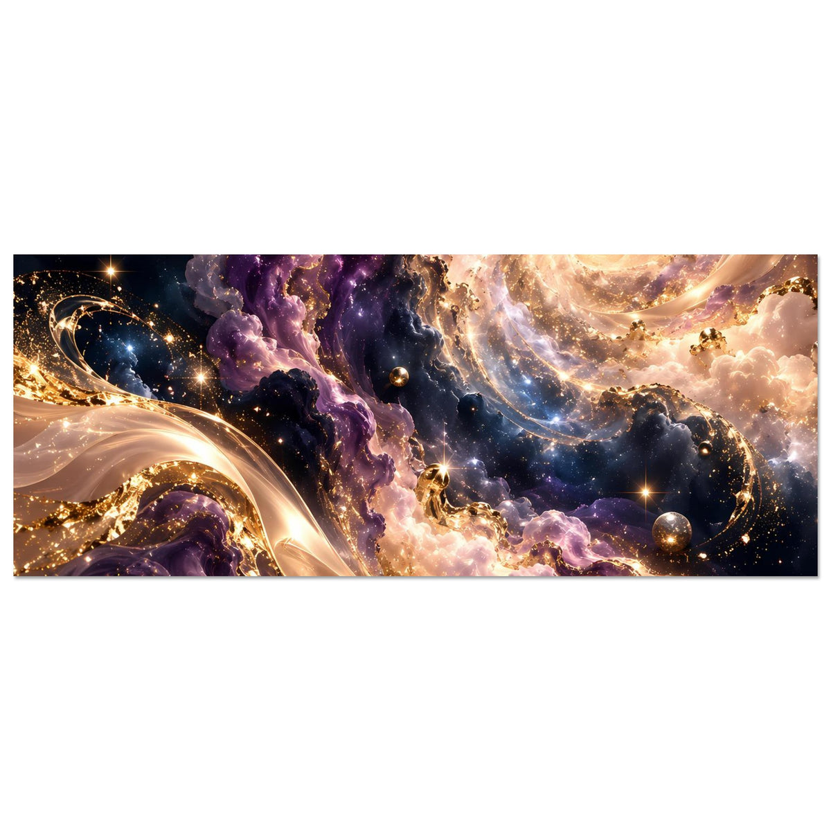 Premium-Kunstdruck, horizontal: goldene Spiralgalaxie mit violetten Nebeln und Sternen