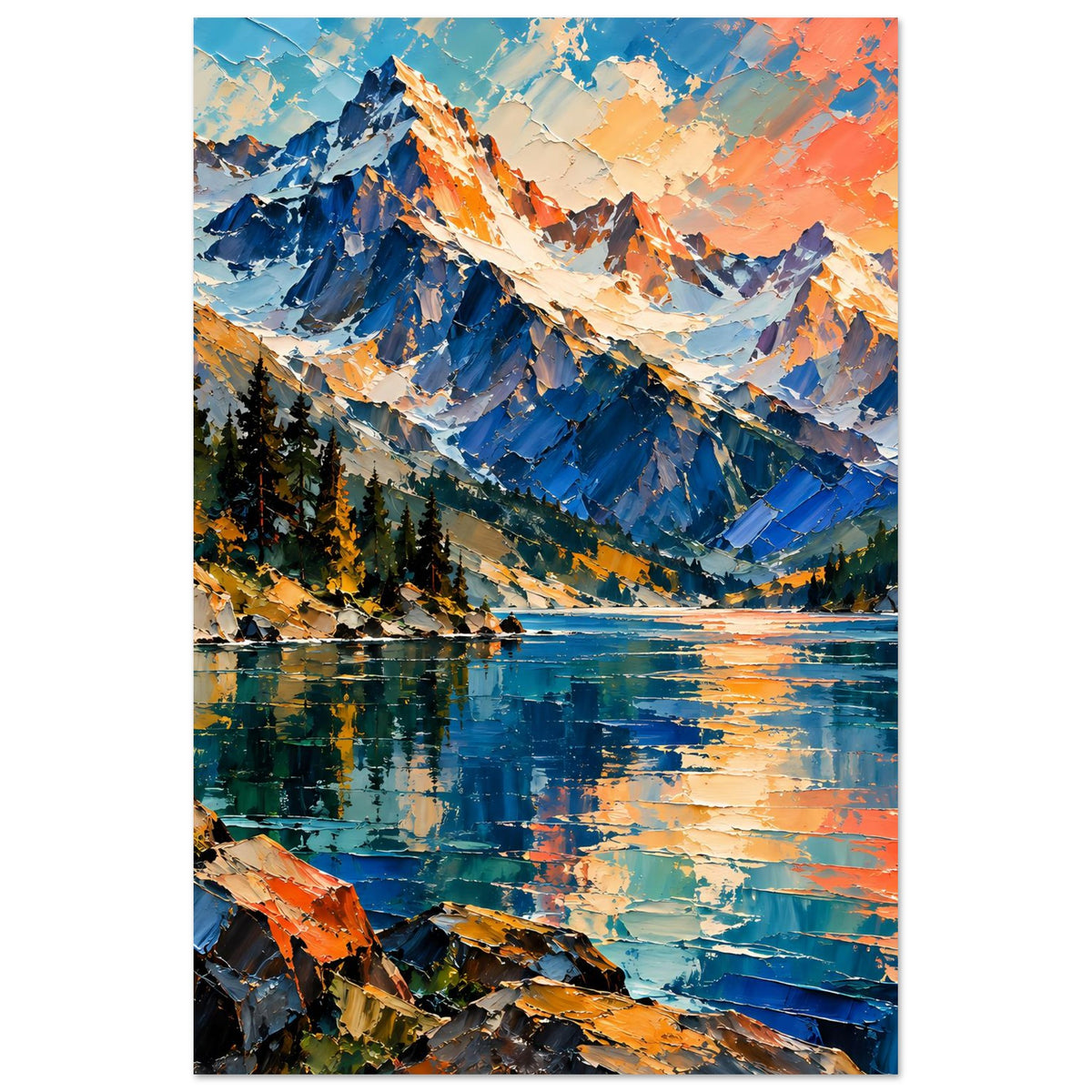 Vertikales Poster mit Berglandschaft, bewaldetem Ufer und reflektierendem See