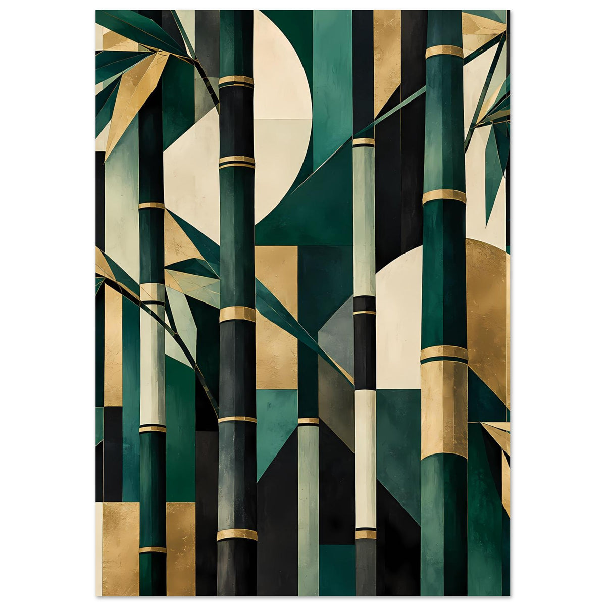 Naturposter mit abstrakten Bambusstämmchen, Smaragdgrün und goldenen Akzenten im Rasterlook