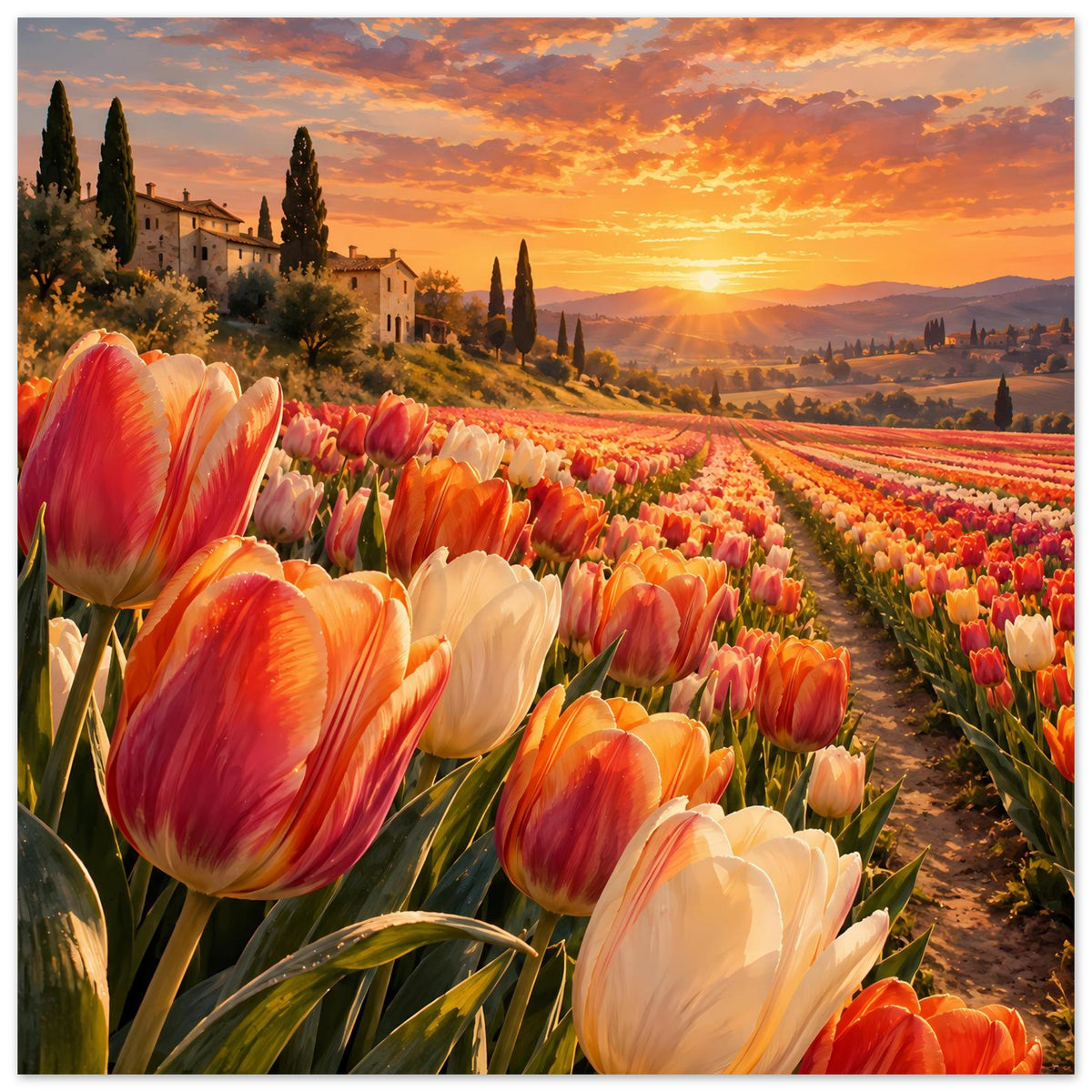 Poster mit Tulpenfeld im Sonnenuntergang, orange-rote und weiße Tulpen, warme Sonnenstrahlen