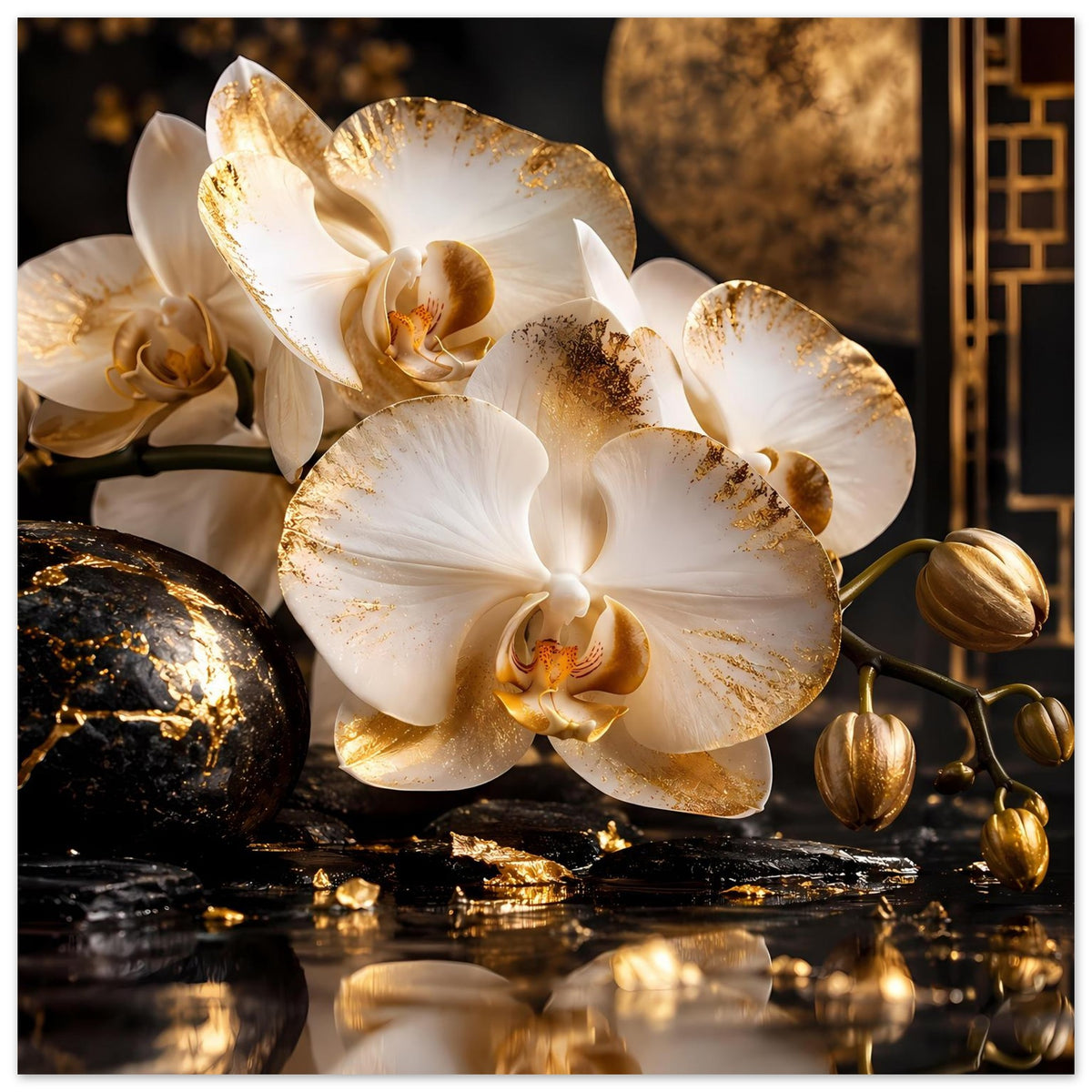 Orchideen-Poster mit goldenen Highlights, weiße Orchideenblüten und dunkle Steinoptik