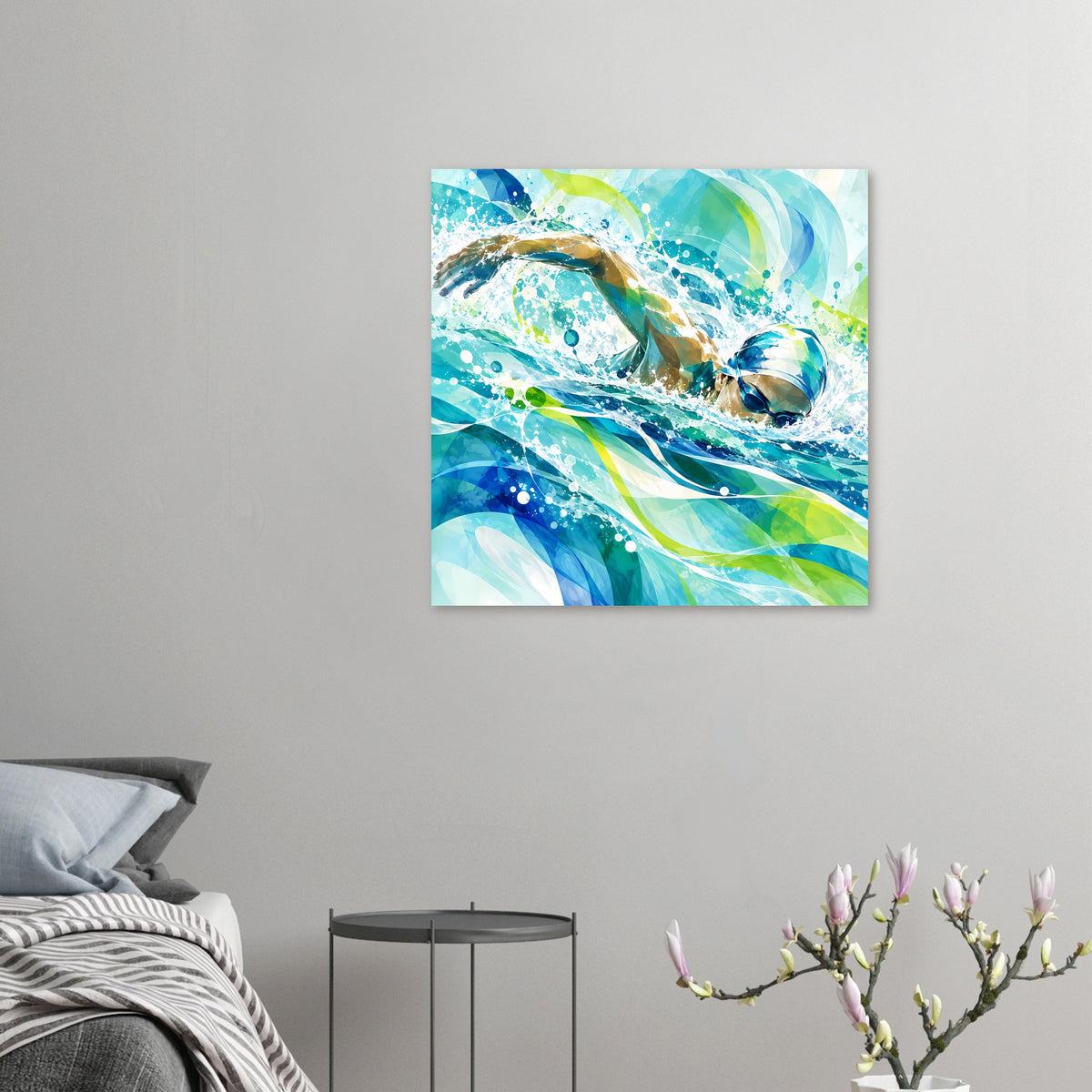 Quadratisches Poster mit abstrakter Schwimmergrafik im Wasser, Blau- und Grüntöne