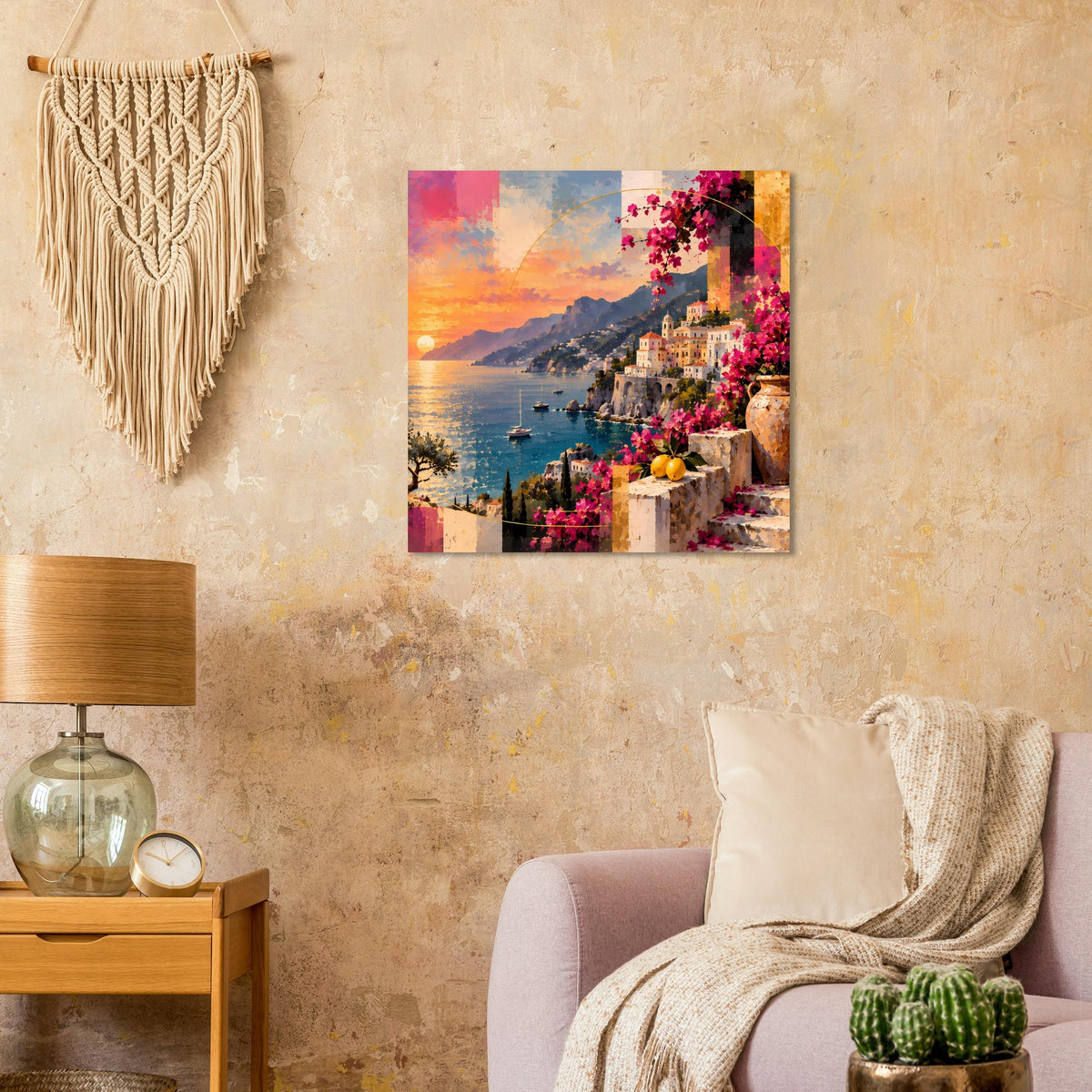 Quadratisches Poster: Küstenlandschaft mit farbenfrohen Blüten und Häusern am Rand der Bucht
