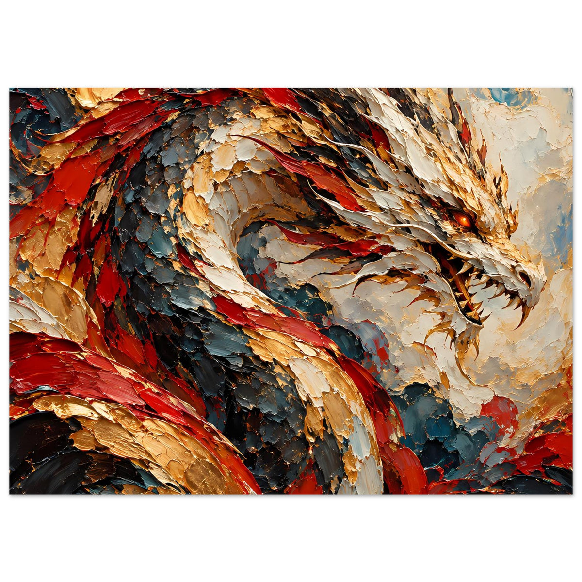 Fantasy-Poster Feuerdrache, Blick auf Kopf und Flügel, kräftige Rot-Gold-Akzente