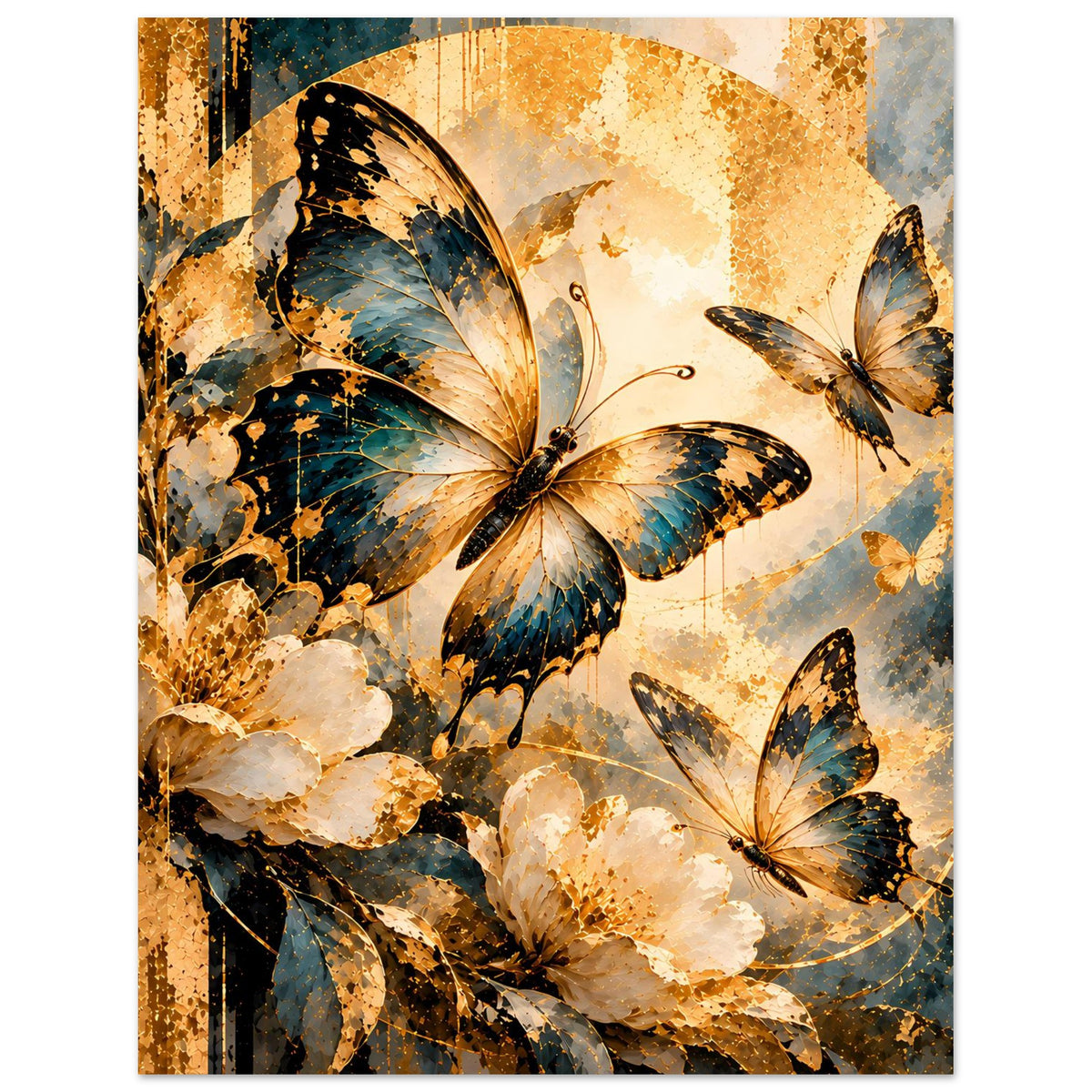 Schmetterlingsposter mit vier Schmetterlingen und goldenen Sprenkeln, abstraktes Blumen-Design
