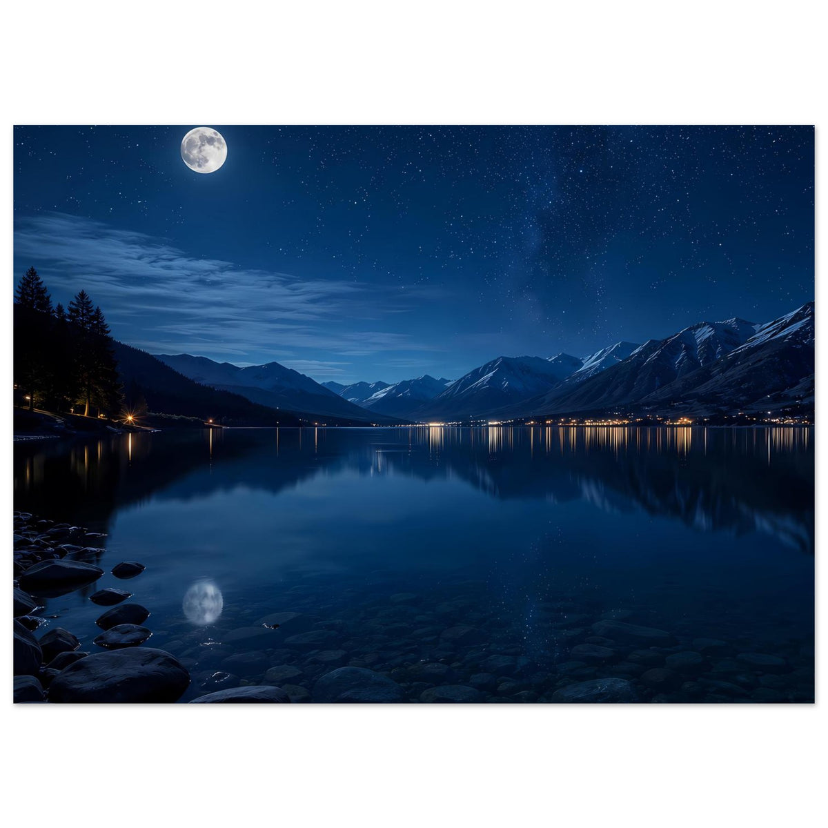 Horizontales Poster mit Nachtsee, Bergen, Mond am Himmel und Spiegelung; Steinufer und Lichter am Rand