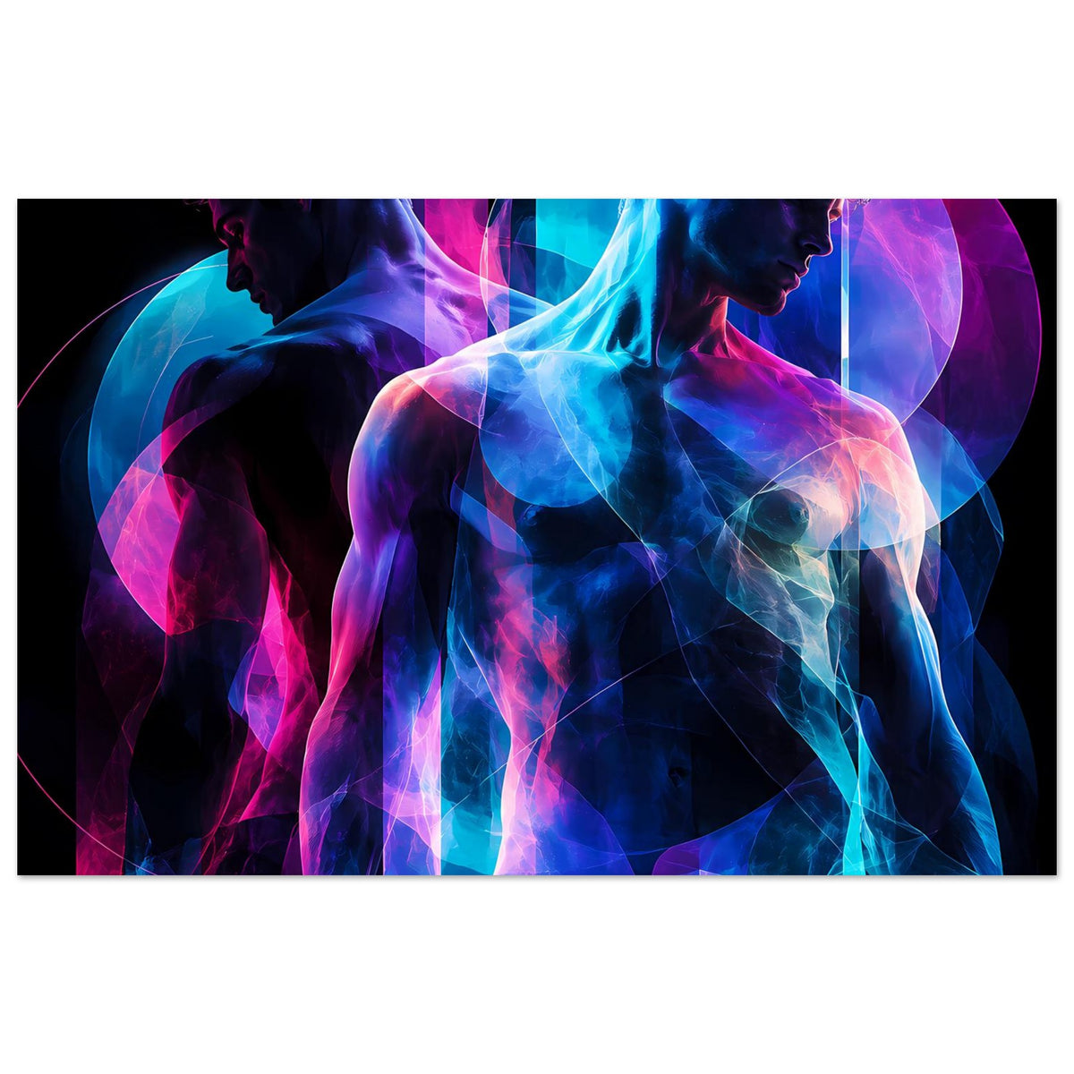 Kunstposter mit abstrakten Neonfiguren in Blau und Pink, Querformat mit gerahmtem Druck