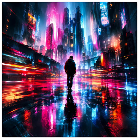 Hochformatiges Cyberpunk-Stadtposter mit Neon-Hochhäusern und einsamer Silhouette