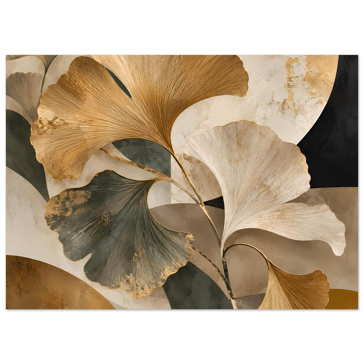 Botanisches Poster mit Ginkgo-Blättern in warmen Erdtönen, goldene Highlights, breit