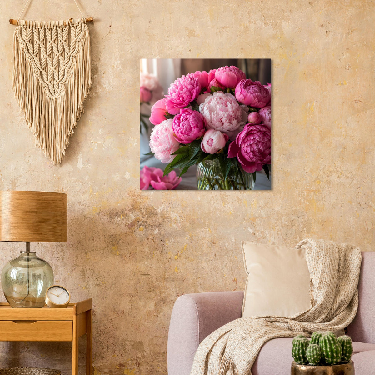 Poster mit Pink-Pfingstrosenstrauß in Vase, zentriert im Rahmen, detailreiche Blüten.