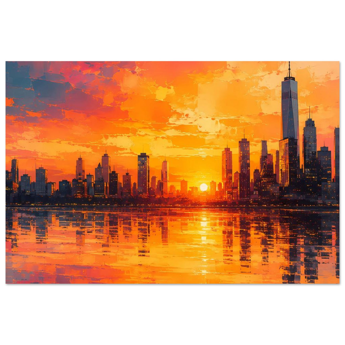 Großstadt-Skyline-Poster im Querformat, beleuchtete Türme vor heller Sonnenmitte