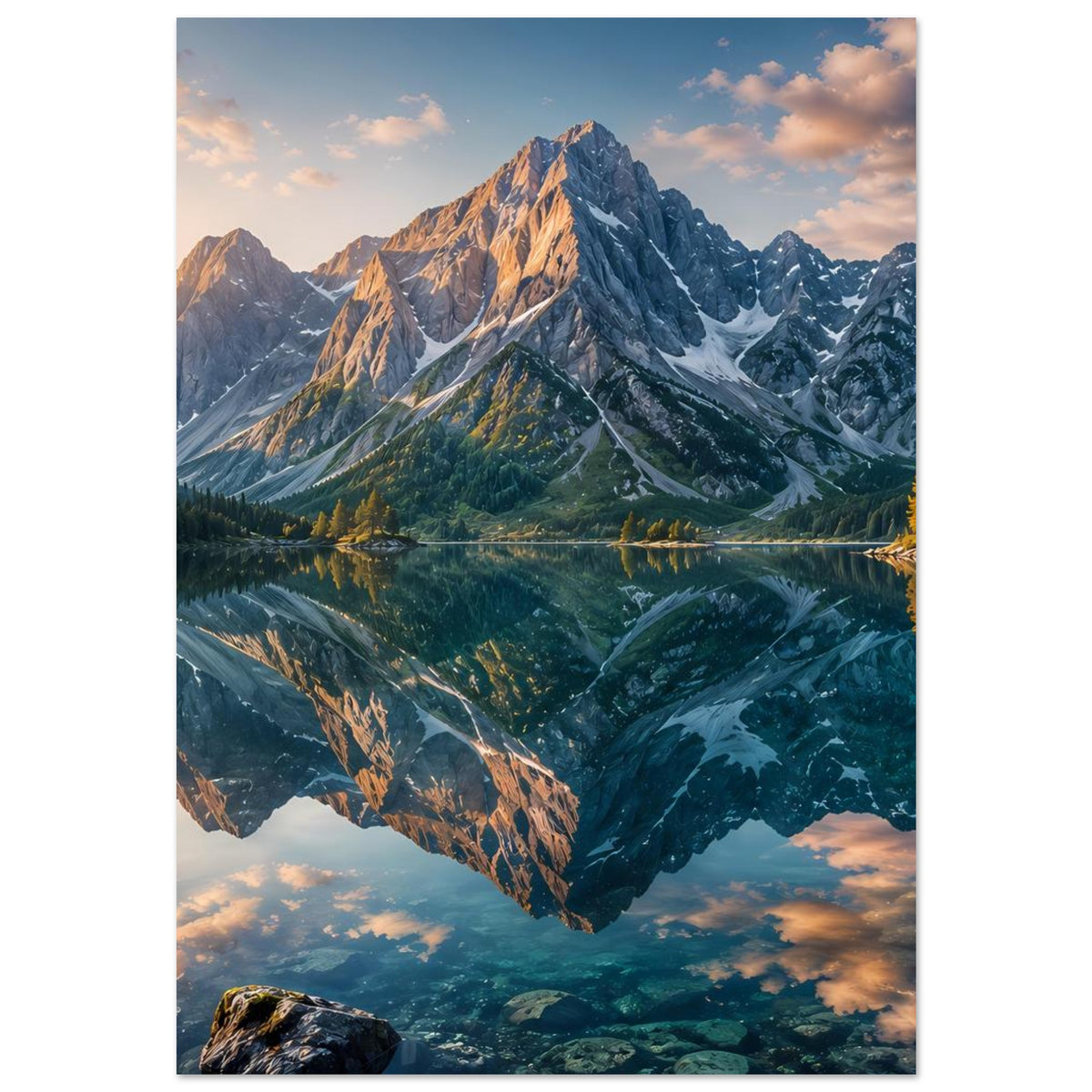 Hochformatiges Landschaftsposter: Berge, grünes Tal und spiegelnder See im Abendhimmel