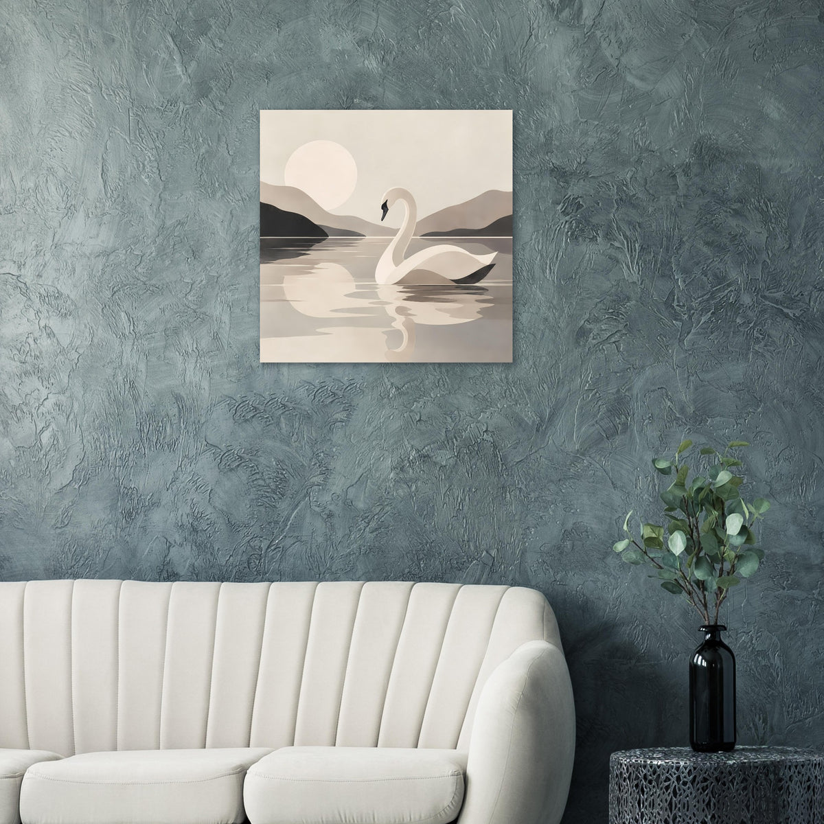 Quadratischer Poster-Kunstdruck mit Schwan auf See, beige-graue Farbflächen