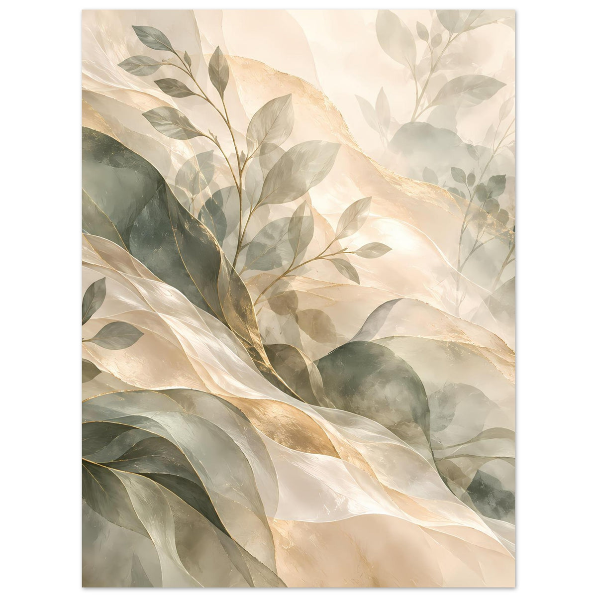 Botanisches Kunstposter mit großen Blättern in Salbeigrün, Creme und goldenen Akzenten