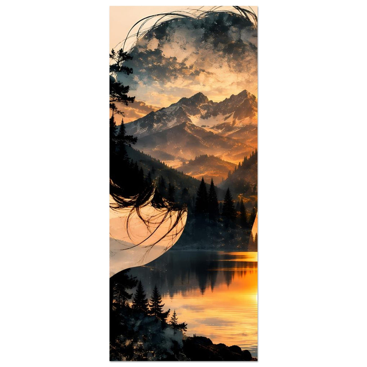 Hochformat-Poster mit Frauensilhouette, Bergsee und orangefarbenem Sonnenuntergang